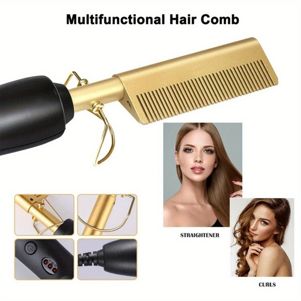 Hot Comb Hair Straightener Electric Ceramic – Portable Anti-Burn Press Comb for Natural Hair & Beard Straightening – Pink, Gold, Black, Gradient, Avocado Green