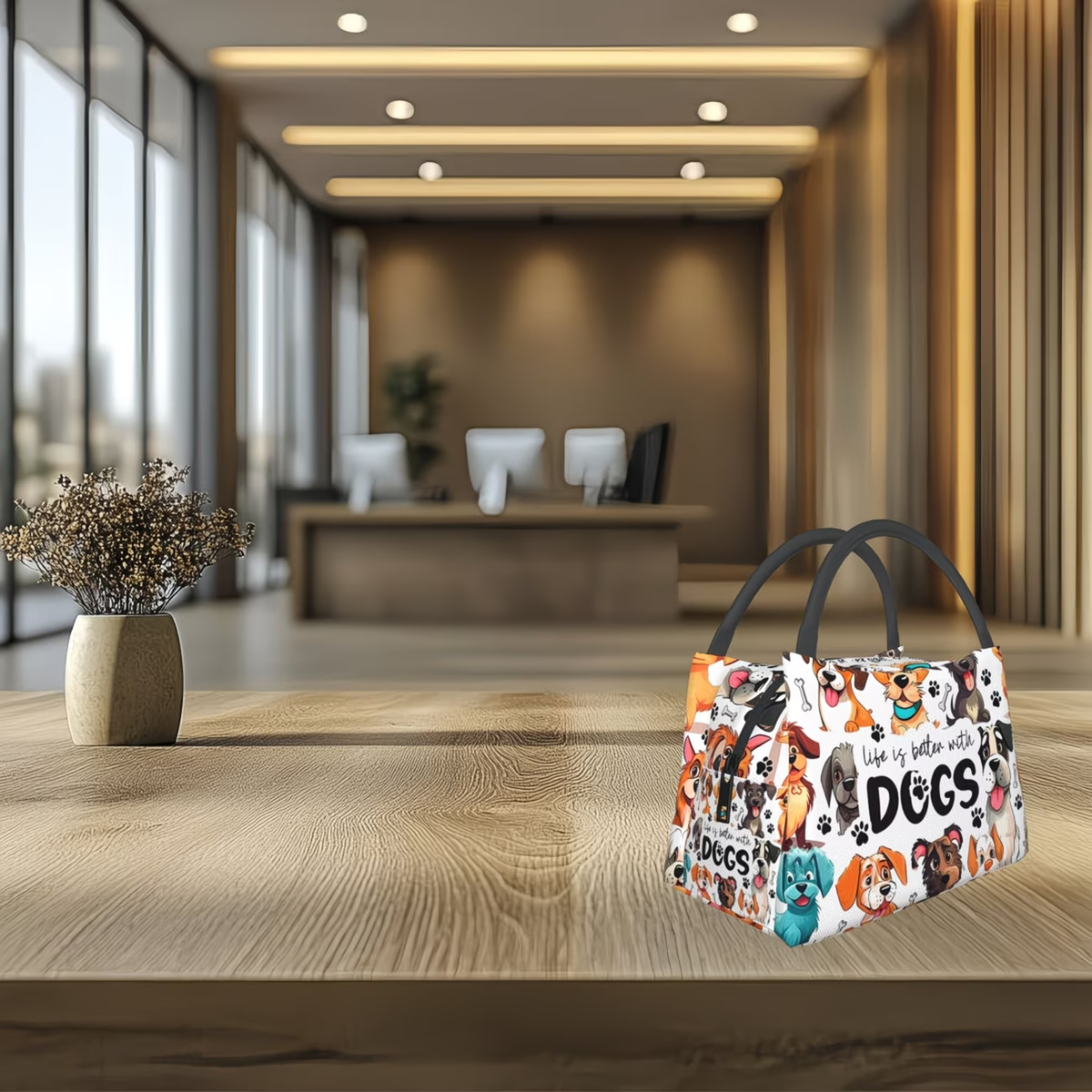 Dog-Print Lunch Tote with Black Handles in a 10.6 x 6.3 x 6.7-Inch Single Checkout and Zip Top