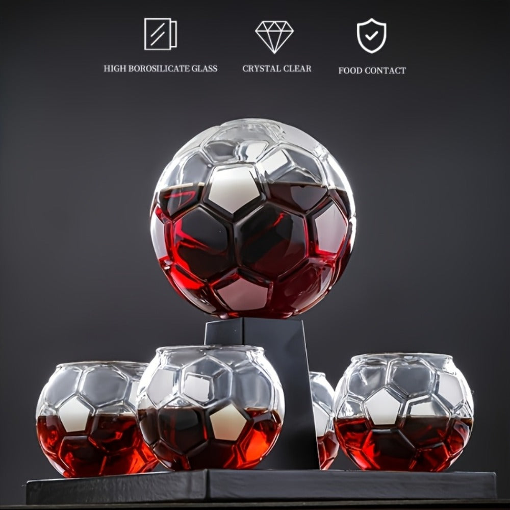 Soccer Ball Whiskey Decanter Set with 30 oz Ball-Shaped Bottle, Four Matching Cups and Black Display Stand