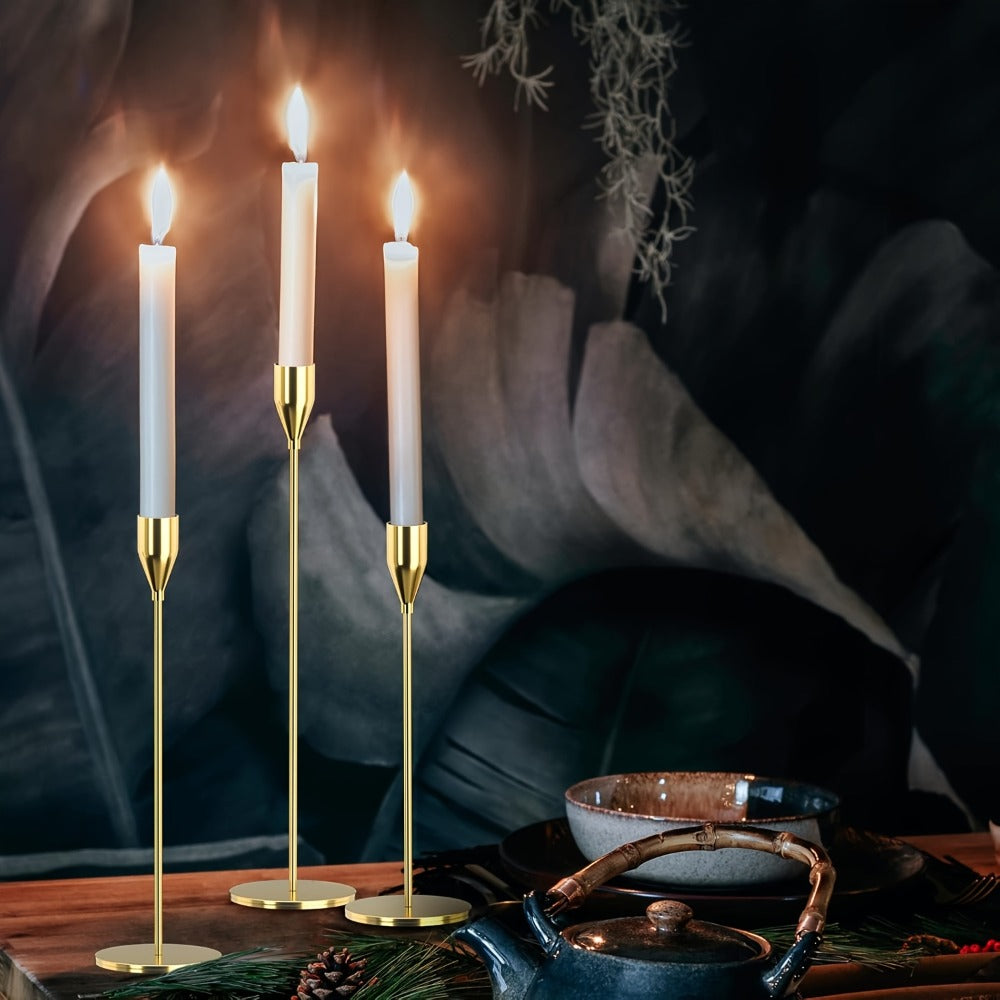 Metal Taper Candle Holder Set of Six with 23cm, 28cm and 33cm Graduated Stems in Gold, Rose Gold or Black