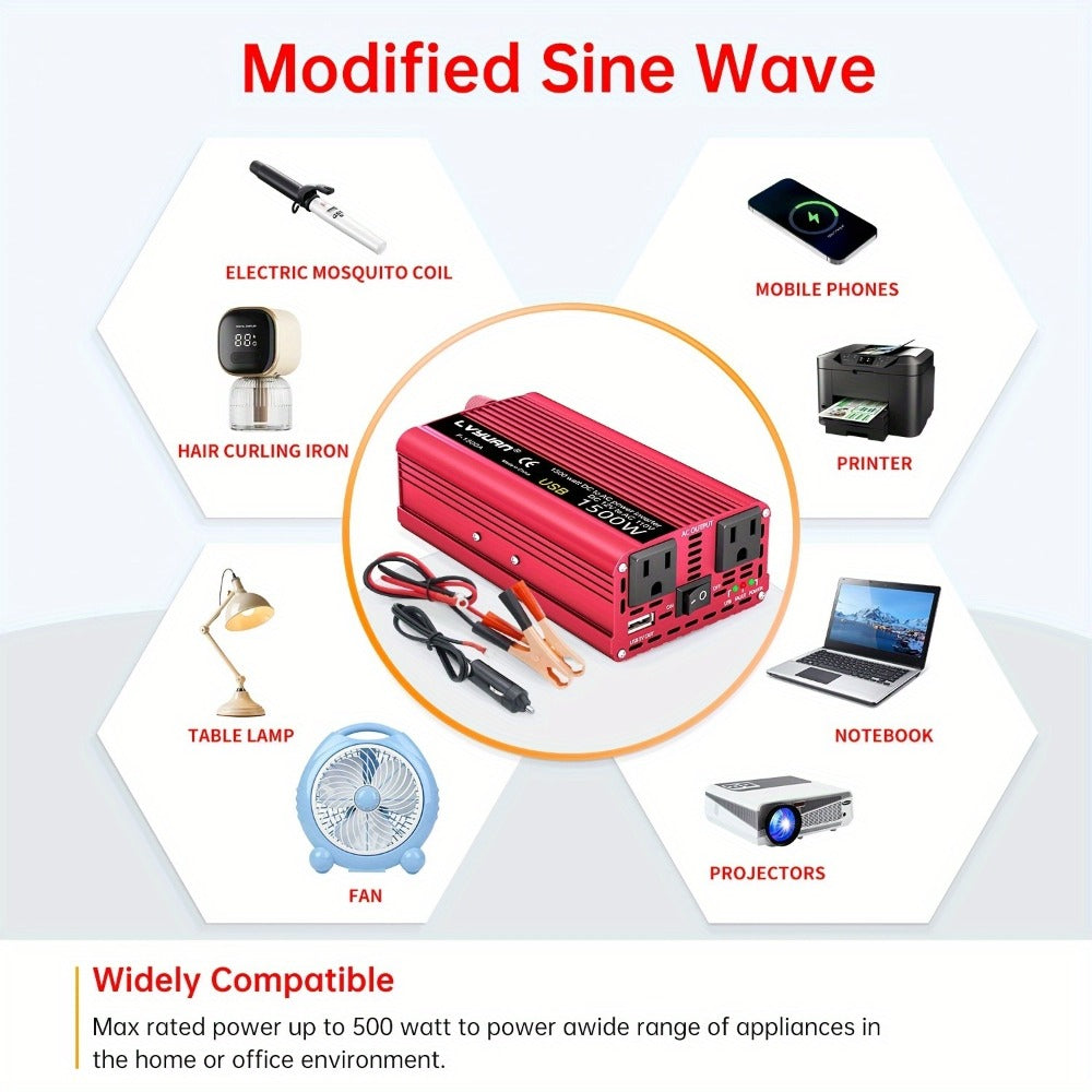Car Power Inverter 500W 12V to 110V AC Outlet Converter with QC3.0 USB Port for Vehicle Boat Truck RV Portable Auto Power Adapter 200W Rated American Standard Socket Black Red