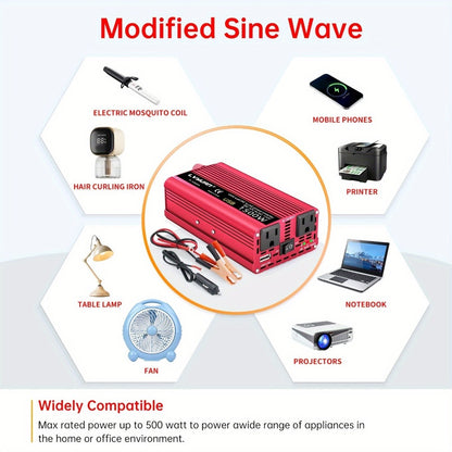 Car Power Inverter 500W 12V to 110V AC Outlet Converter with QC3.0 USB Port for Vehicle Boat Truck RV Portable Auto Power Adapter 200W Rated American Standard Socket Black Red