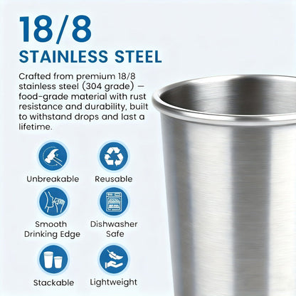 Stainless Steel Pint Glasses 12 Pack 16oz, Unbreakable Metal Drinking Cups, Commercial Grade Stackable Barware