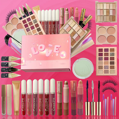 30-Piece Pink Makeup Set with 18-Color Eyeshadow Palette, Four-Color Face Palette, Lip Products and Makeup Brushes
