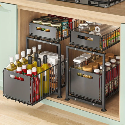 Two-Tier Under-Sink Cabinet Organizer with Sliding Metal Baskets in One- or Two-Piece Options