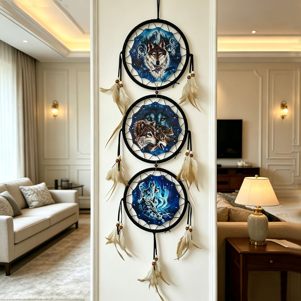 Dream Catcher Wall Decor Wolf Design Boho Bedroom Hanging Decoration – 6 Inch 3-Circle Feather Dream Catcher for Boys Kids Room, Nursery, Halloween, Christmas & Holiday Gift