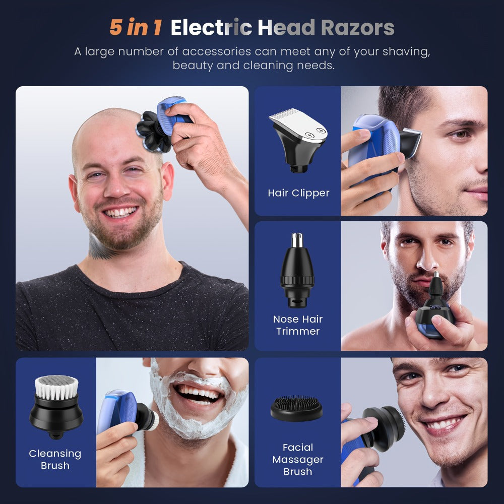 Electric Head Shaver for Bald Men 7D 7 Floating Heads — All-in-One Grooming Kit with Nose Hair Trimmer & Facial Cleaning Brush, 1.5H Fast Charging, Travel Lock, Rechargeable Men's Razor Gift Set (Blue/Black/Gold/Coffee)
