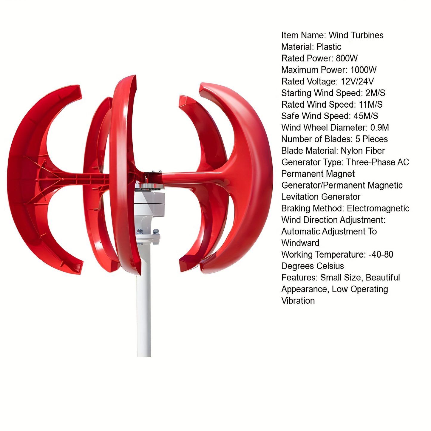 Red Vertical-Axis Wind Turbine Generator Kit with Curved Rotor Blades and Pictured Mounting Hardware