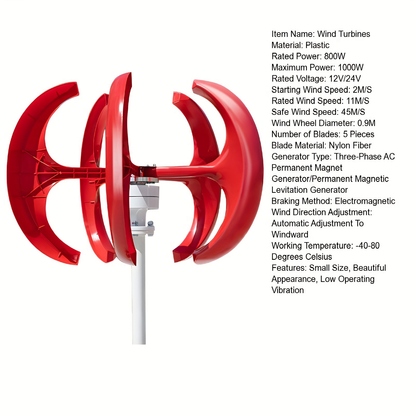 Red Vertical-Axis Wind Turbine Generator Kit with Curved Rotor Blades and Pictured Mounting Hardware