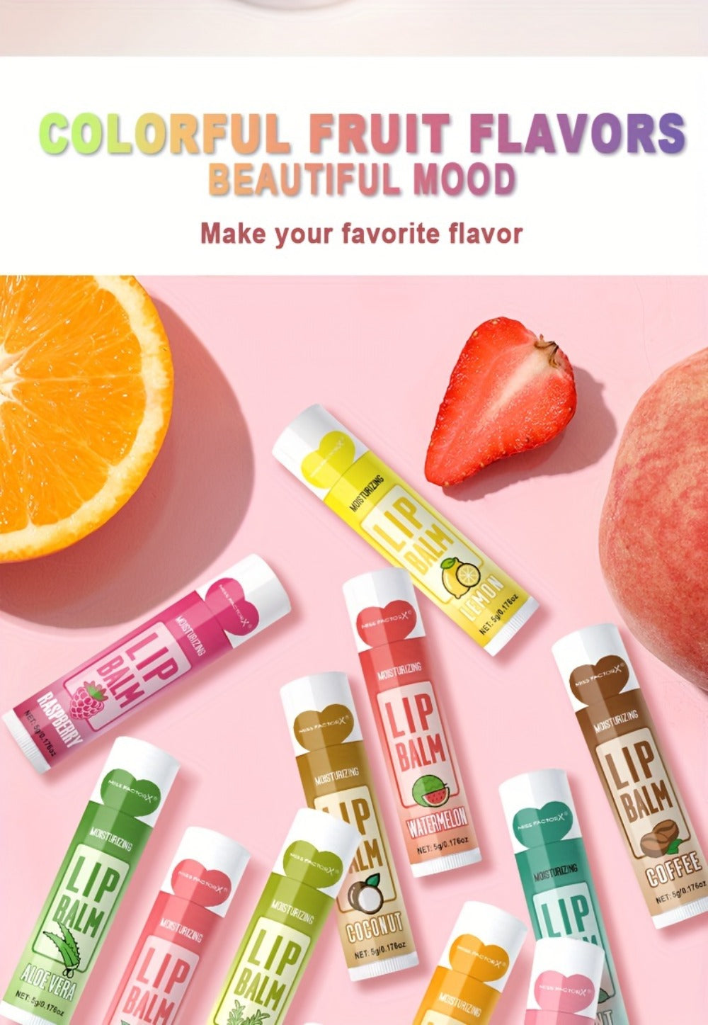 12-Piece Tube Lip Balm Set with 12 Pictured Fruit and Botanical Flavor Labels in a Display Box