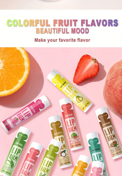 12-Piece Tube Lip Balm Set with 12 Pictured Fruit and Botanical Flavor Labels in a Display Box