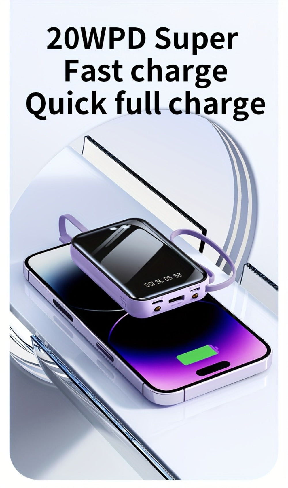 3-in-1 Built-in Cables Power Bank 50000mAh Portable Charger with Smart Digital Display Flashlight Apple Lightning Type-C USB Safe Lithium Battery Pack Outdoor Emergency Travel Gift