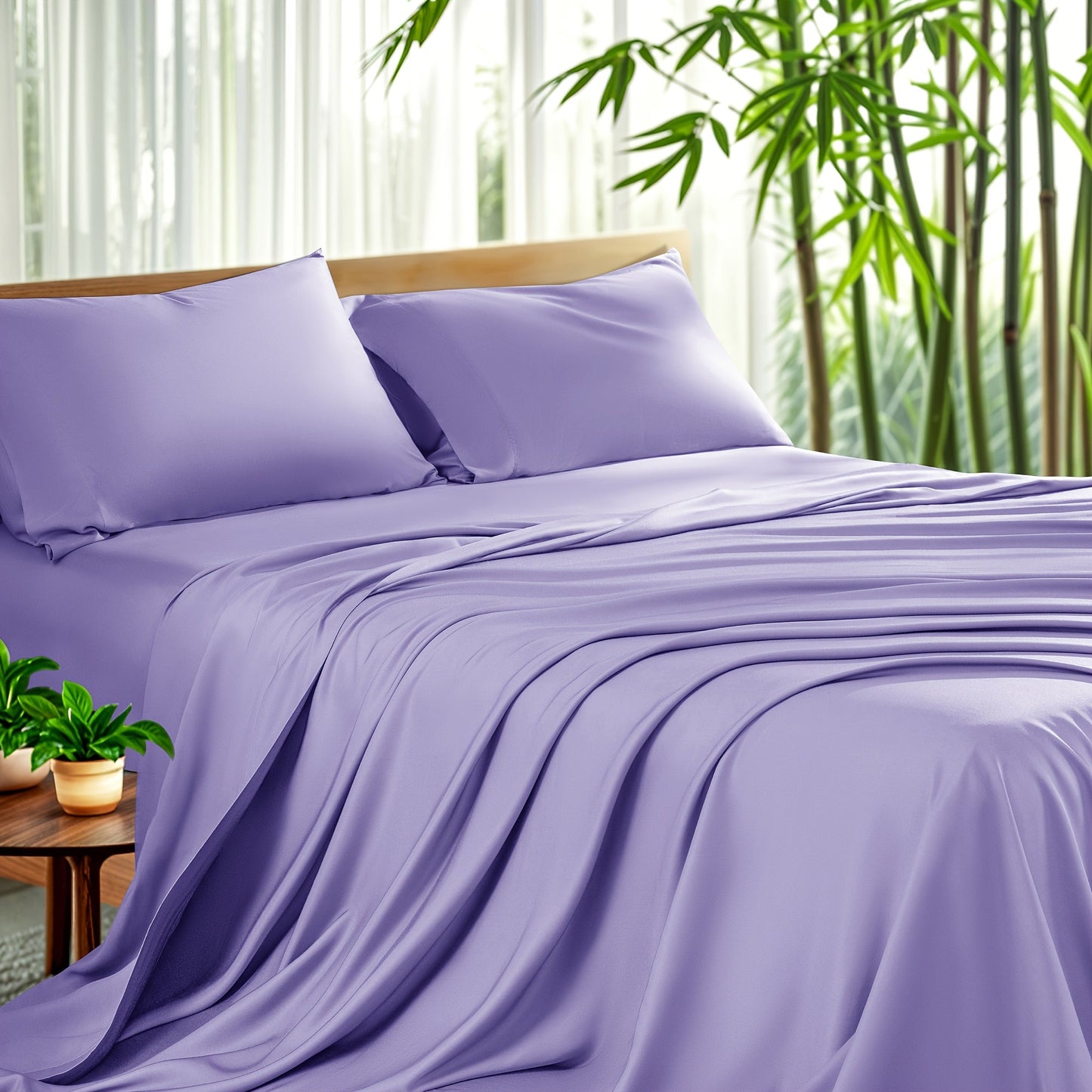 Sheet Set, Four-Piece Bamboo-Blend Plain-Weave Bedding with 16-Inch Fitted Pocket and Thirteen Solid Colors