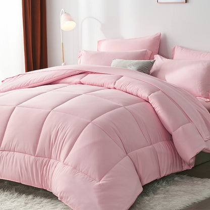 Comforter Set Soft Breathable Microfiber Bed in a Bag with Fitted Sheet Flat Sheet Pillowcases & Shams – All Season Fluffy Checkered Bedding Set Twin Full Queen King