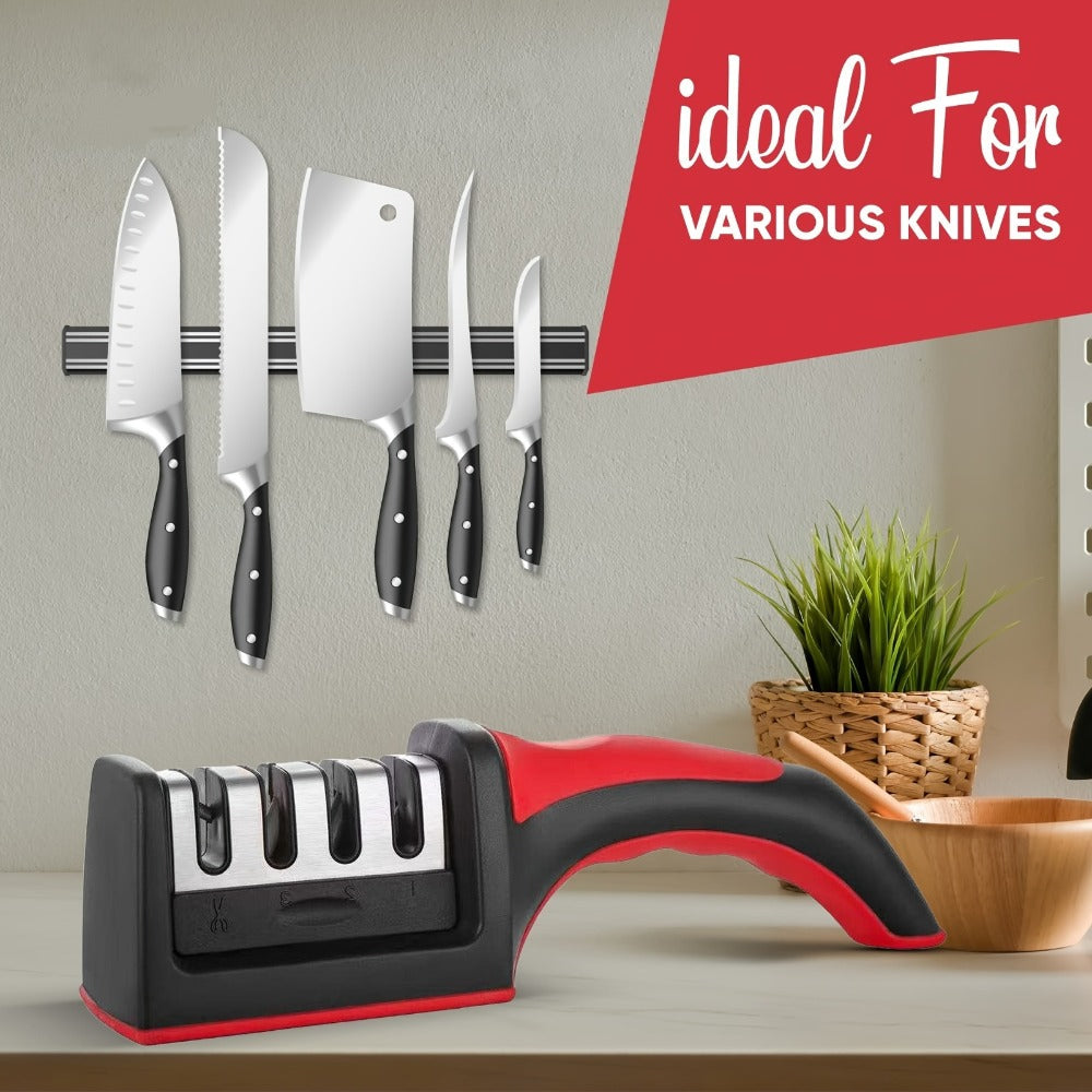 Four-Stage Manual Knife and Scissors Sharpener with Red Handle and Removable Sharpening Head