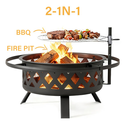 30-Inch Steel Wood-Burning Fire Pit with Grill Grate, Mesh Spark Screen, Poker and Diamond-Cut Bowl Design