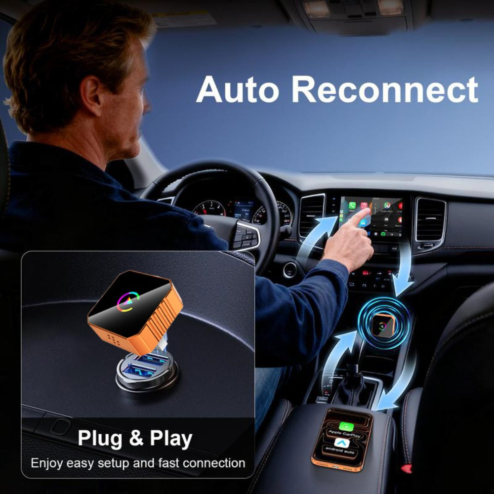 Wireless CarPlay Android Auto Adapter USB Dongle Plug-and-Play Compact Design for Vehicles with Wired CarPlay or Wired Android Auto, Hands-Free Smartphone Connection, Orange & Black