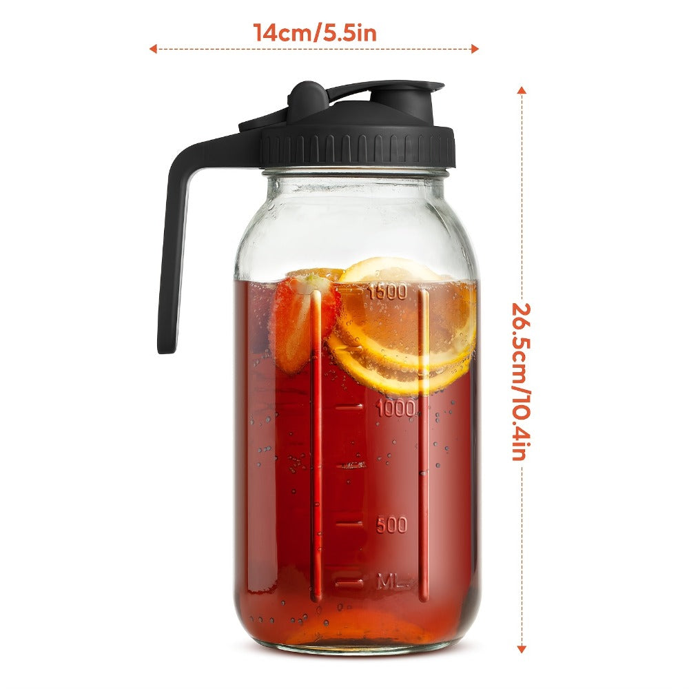 Mason Jar Pitcher 64oz Wide Mouth Glass Pitcher with Pour Spout & Handle – 2 Pack Leak Proof Iced Tea Pitcher for Fridge, Coffee Creamer, Sun Tea & Juice