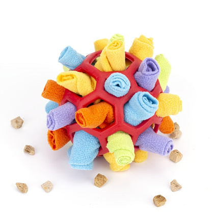Dog Toy Fabric Snuffle Ball Treat Dispenser and Slow Feeder in Five Colors for Dogs and Puppies
