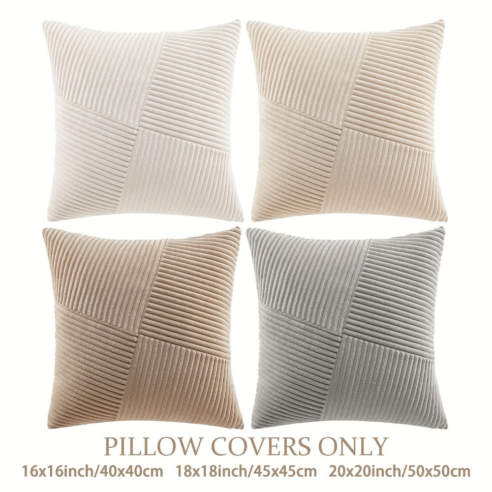 Four-Piece Corduroy Pillow Cover Set, 18 x 18 Inches with Striped, Panel and Pinwheel Textures