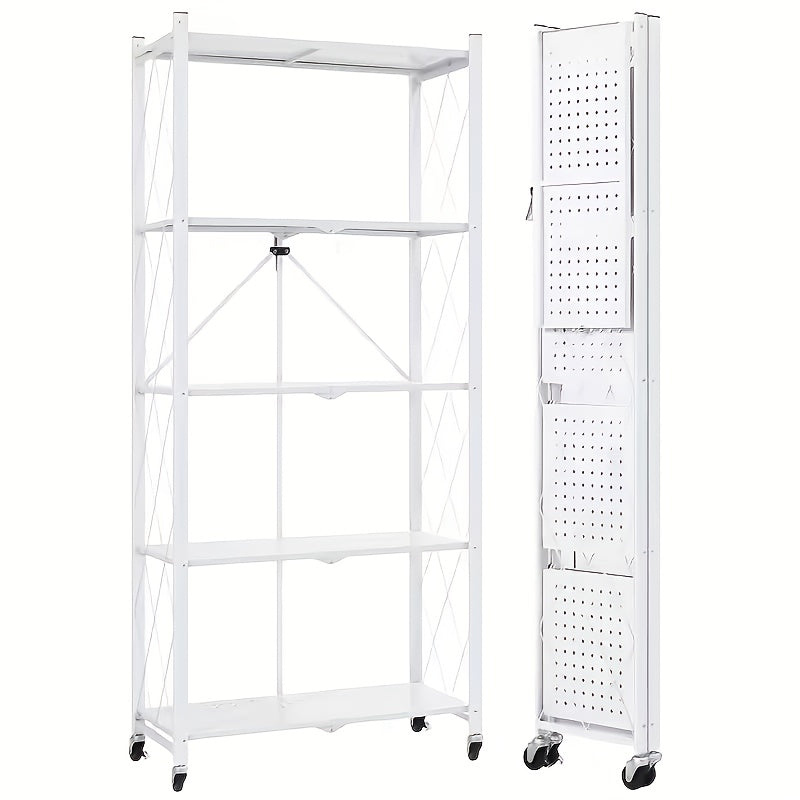 Three-to-Five-Tier Folding Storage Rack with Metal Shelves, Caster Wheels and Black or White Finish