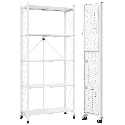 Three-to-Five-Tier Folding Storage Rack with Metal Shelves, Caster Wheels and Black or White Finish