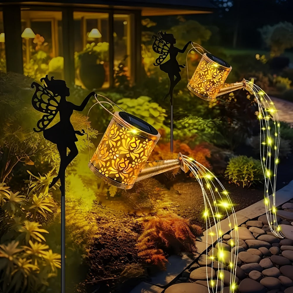 Solar Garden Lights 2-Piece Watering Can Waterfall String Lights, IP65 with Ground Stakes Set