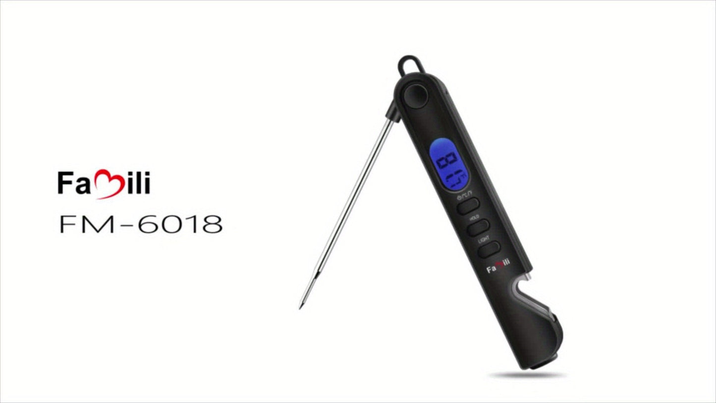 Black Folding Digital Food Thermometer with Backlit Display, Magnetic Back, Hanging Loop and One- or Two-Piece Options