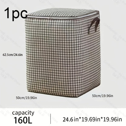 Large 160 L Houndstooth Fabric Storage Bag with Double Zippers, Carry Handles and Foldable Square Shape