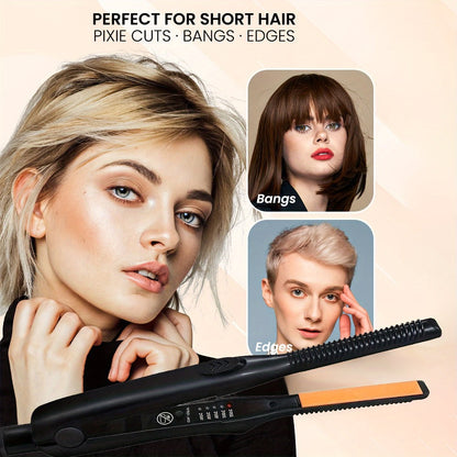 Mini 2-in-1 Hair Straightener and Curler with 29.5cm Body, Black Comb-Edge Plates and Digital Heat Display
