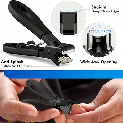 Wide-Jaw Nail Clipper Set, Five-Piece Black-Handle Kit with Straight, Concave and 45-Degree Slanted Tools