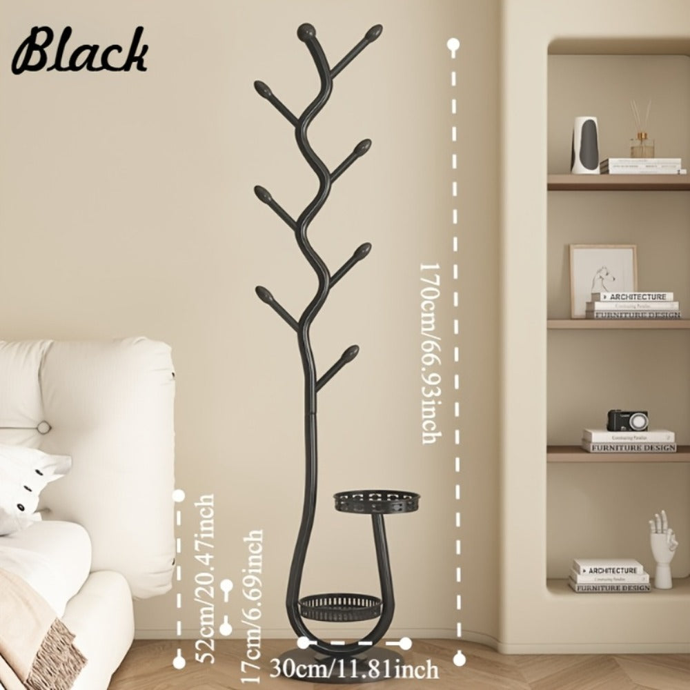 Freestanding Coat Tree with Branching Hooks, Circular Lower Shelf and White, Black or Golden Finish