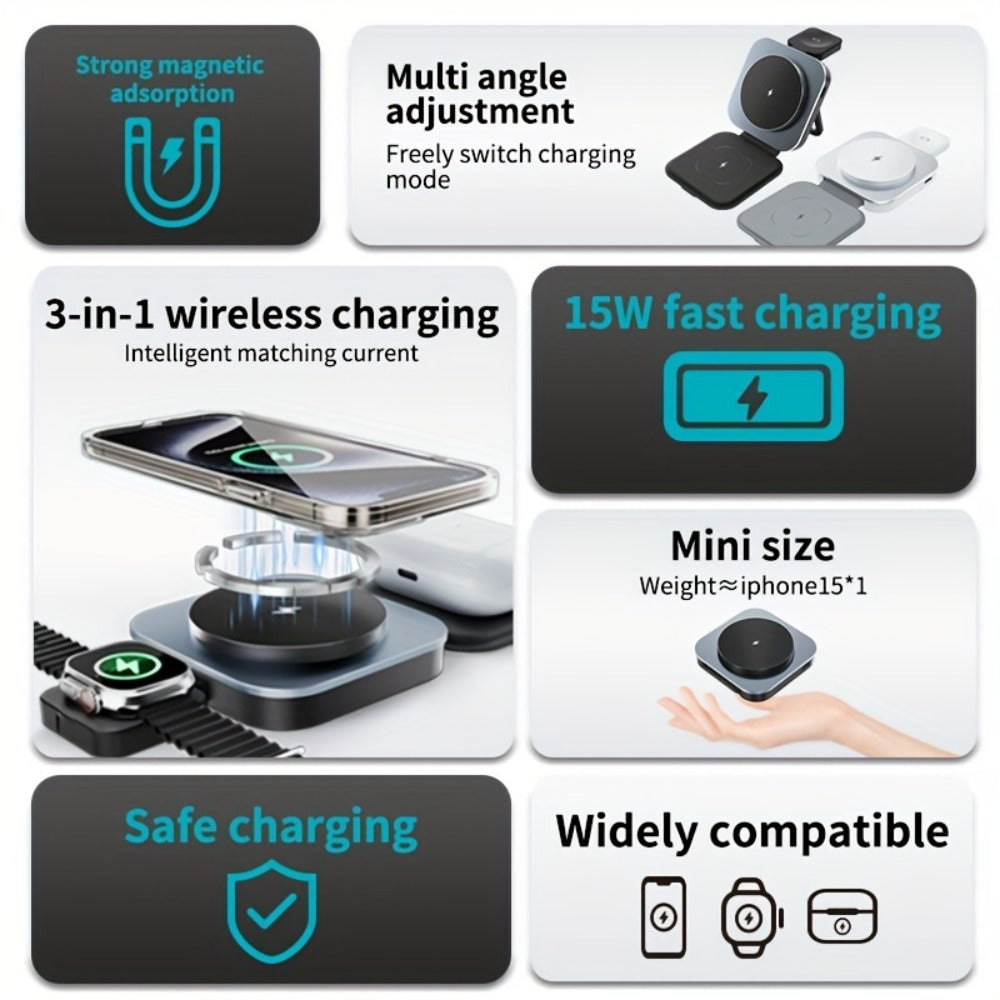 Wireless Charging Station, T11 Foldable 3-in-1 15W Travel Pad in Black for iPhone, Apple Watch and AirPods