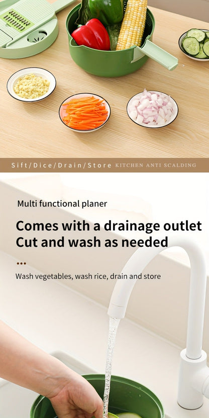 16-in-1 Green Vegetable Chopper with Round Container, Grid Dicing Plates, Slicer, Grater and Peeler Pieces