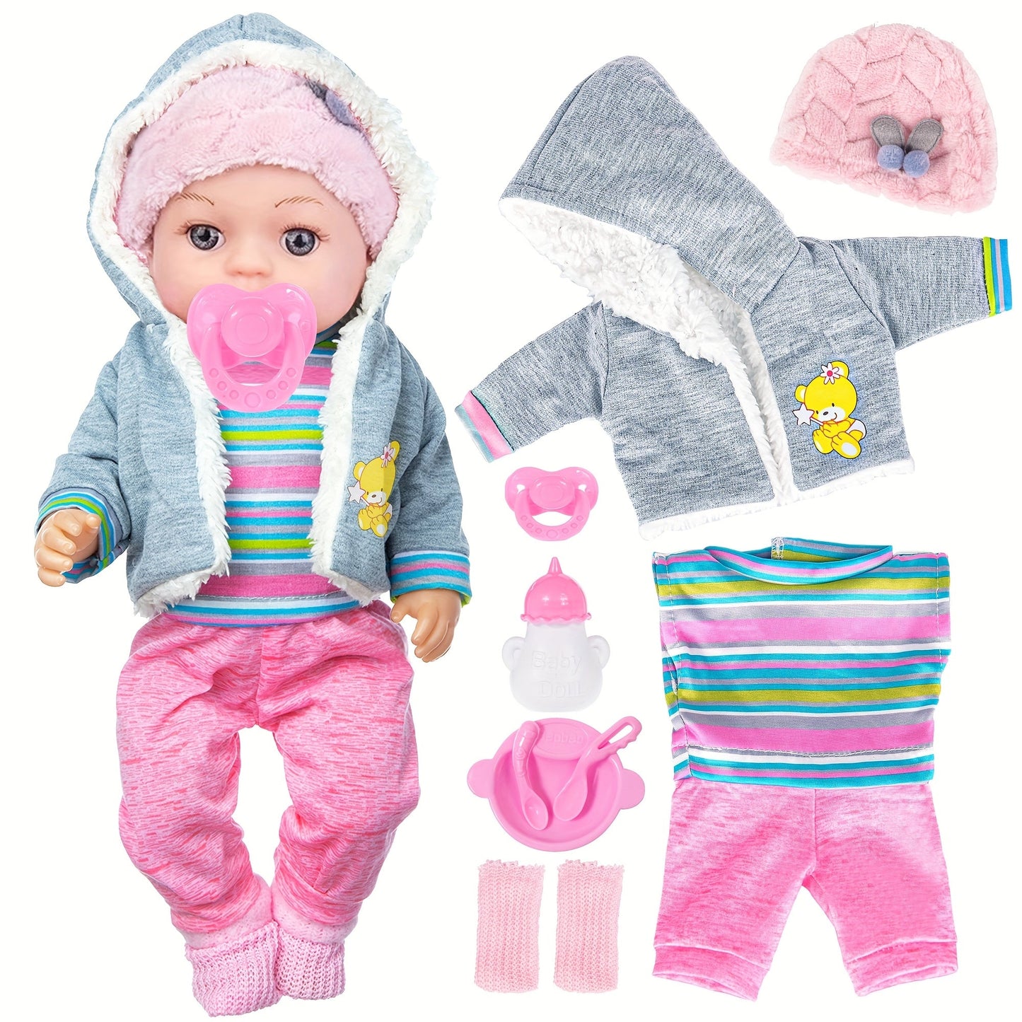 12-Inch Baby Doll Playset with Gray Coat, Pink Hat, Bottle, Pacifier, Socks and Three Tableware Pieces