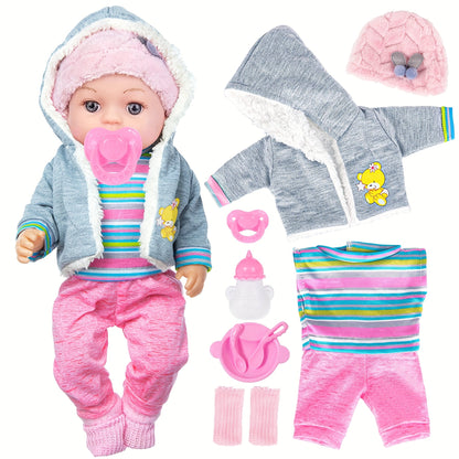 12-Inch Baby Doll Playset with Gray Coat, Pink Hat, Bottle, Pacifier, Socks and Three Tableware Pieces
