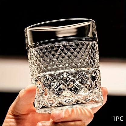 Single Embossed Whiskey Tumbler with Square Rim, Diamond-Cut Pattern and Thick Clear Base for Home Bar Service