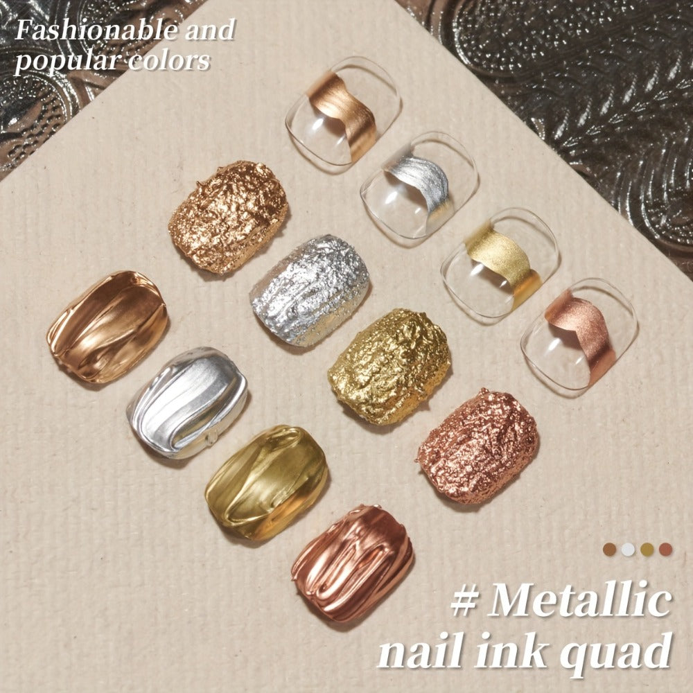 Metallic Smudge Nail Art Gel Four-Bottle Set in Gold, Silver and Rose Tones with Narrow Cap Brushes