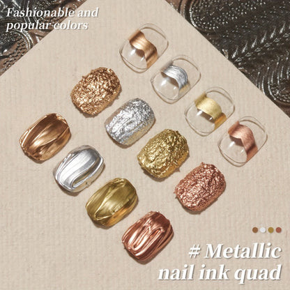 Metallic Smudge Nail Art Gel Four-Bottle Set in Gold, Silver and Rose Tones with Narrow Cap Brushes