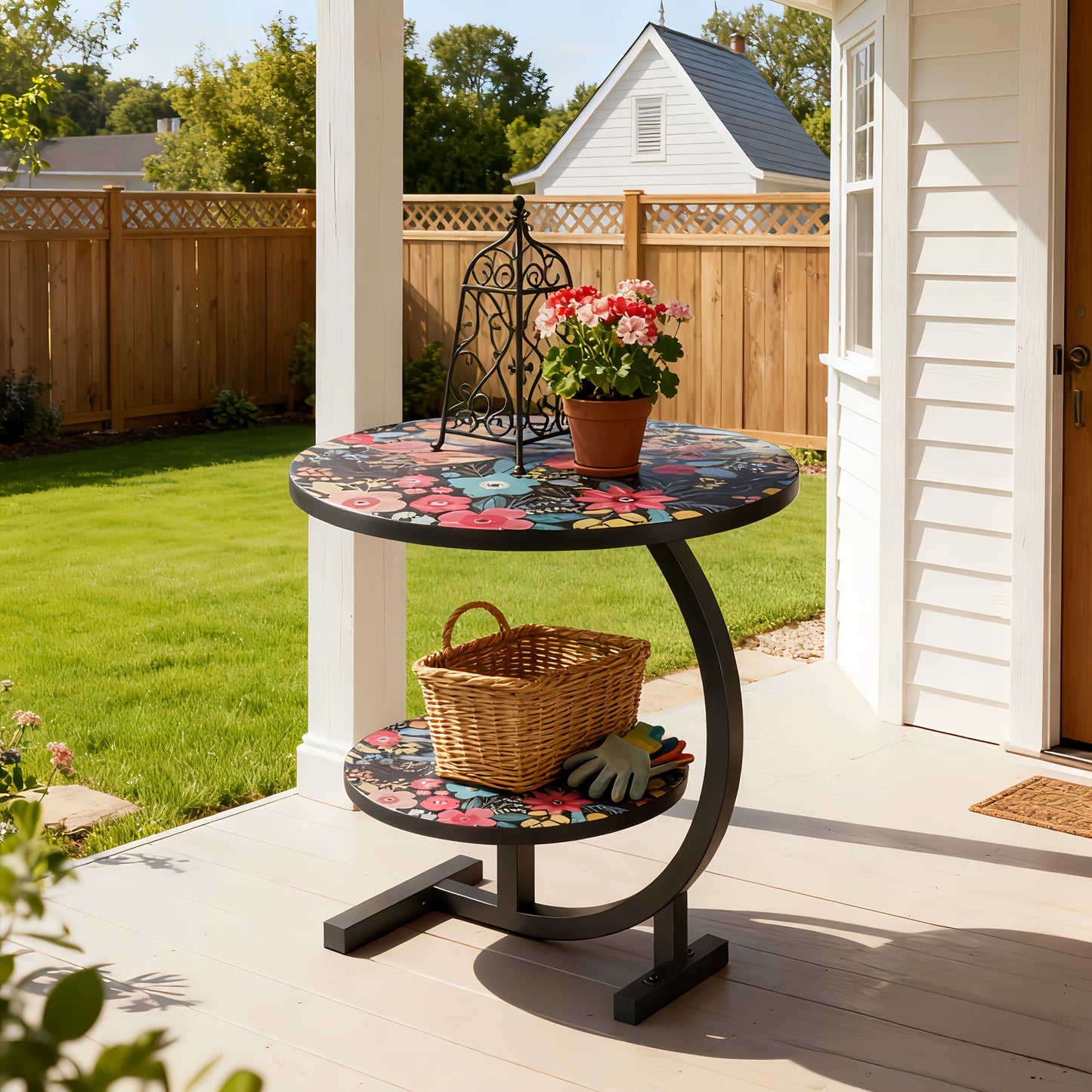 Side Table Round Floral Mandala Printed Top with Metal Frame for Indoor or Outdoor Accent Placement