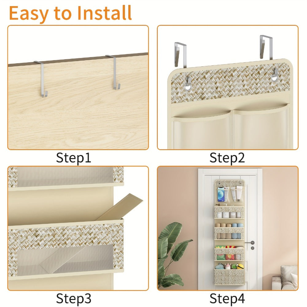 2-Pack Over-The-Door Hanging Organizer with 5 Shelves & 4 Clear Pockets – Beige Rattan Storage Rack for Closet, Bedroom & Bathroom