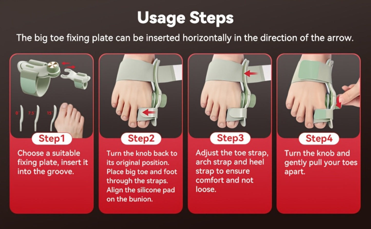 Adjustable Knob Big Toe Alignment Splint with Three Angle Plates for Left or Right Foot, One-Piece Option