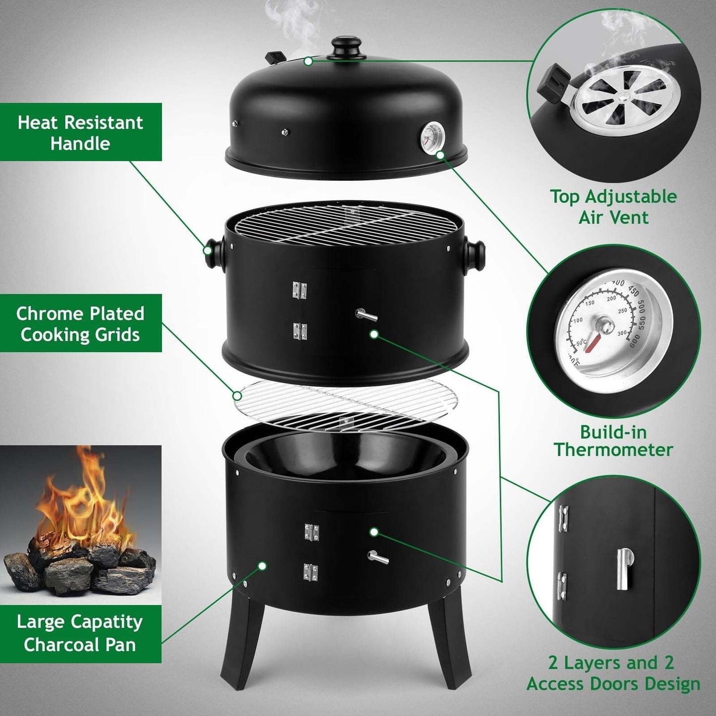 3-in-1 Barrel Charcoal Grill and Smoker with Two Access Doors, Top Vent, Thermometer and Upgrade Option