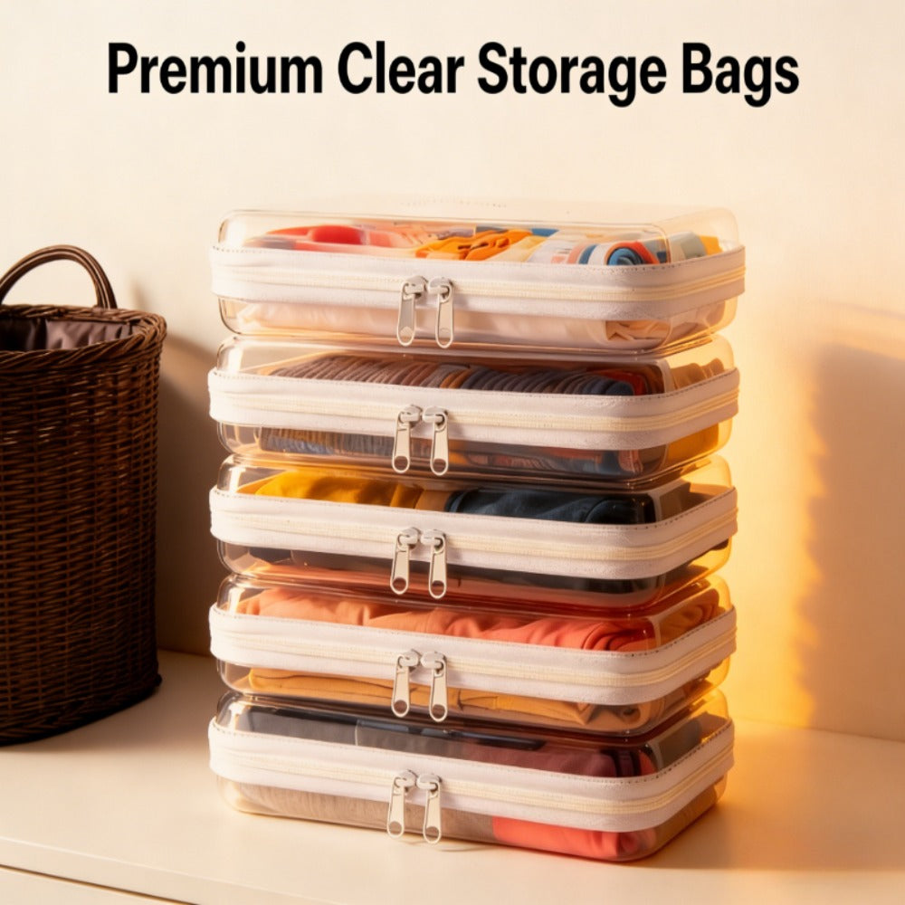 Four-Piece Storage Organizer Set with Clear Zipper Cases in S, M, L and XL Sizes and Four Trim Colors