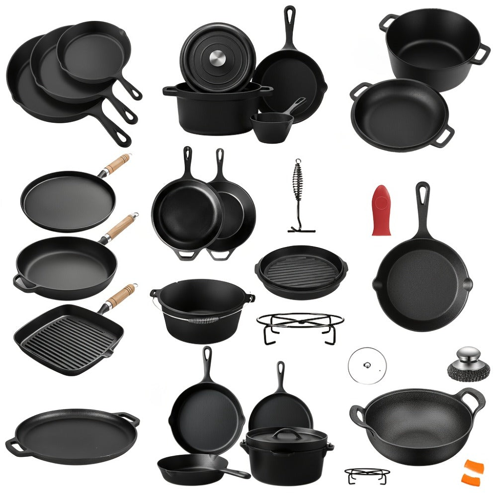 Cast Iron Cookware Collection with Eight Skillet, Dutch Pot, Griddle, Baking Tray and Set Configurations