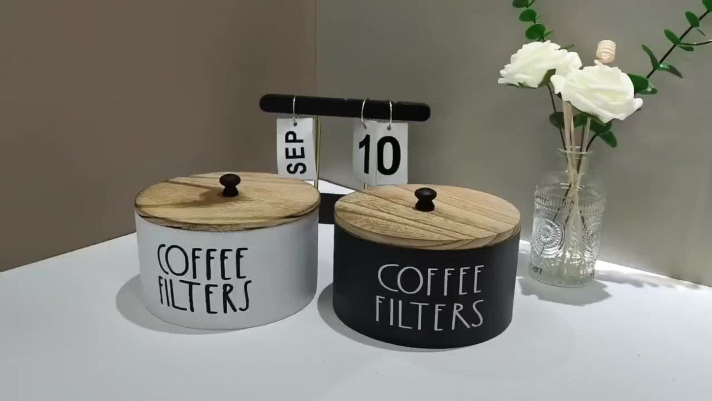 Wooden Coffee Filter Holder with Lid – Large Capacity Rustic Round Organizer Dispenser for Coffee Filters & Tea Bags, Bamboo Lid, Kitchen Countertop Coffee Bar Decor