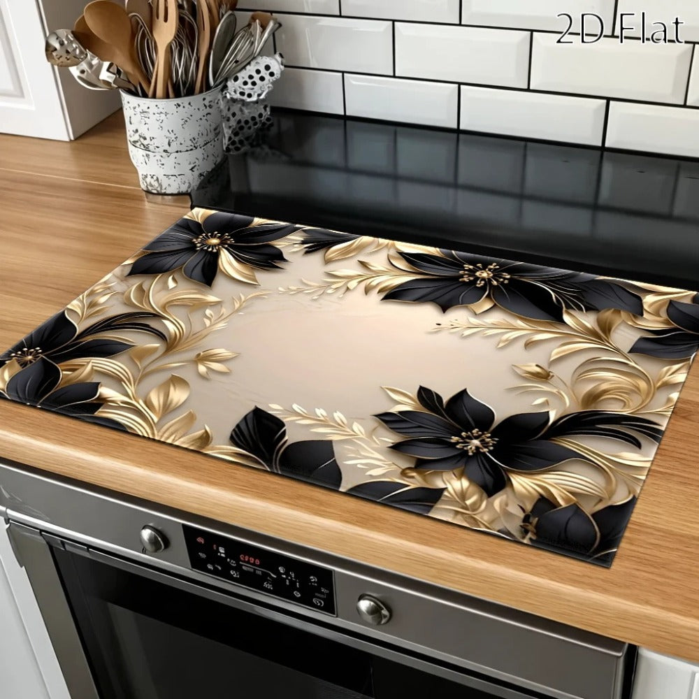 Black and Gold Floral Stove Protector Mat, 28.35 x 20.47 Inches with Beige Decorative Background
