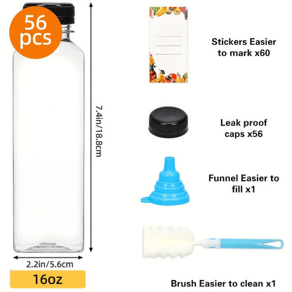 Reusable Juice Bottle Set, Clear Plastic 12oz or 16oz Drink Containers with Lids, Funnel and Cleaning Brush