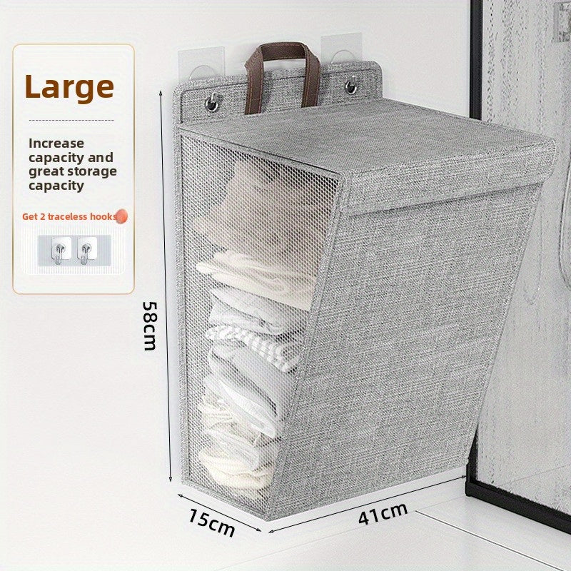 Large Gray Wall-Mounted Foldable Laundry Hamper with Lid for Bedrooms, Bathrooms and Living Rooms