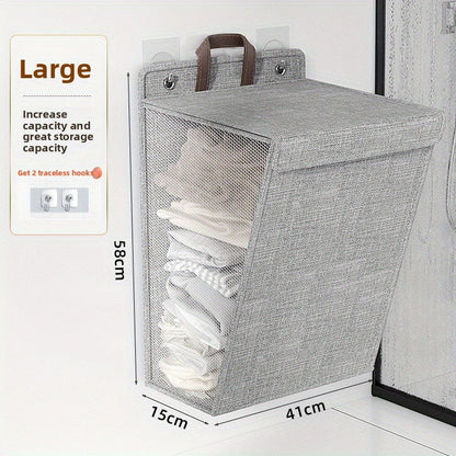 Large Gray Wall-Mounted Foldable Laundry Hamper with Lid for Bedrooms, Bathrooms and Living Rooms